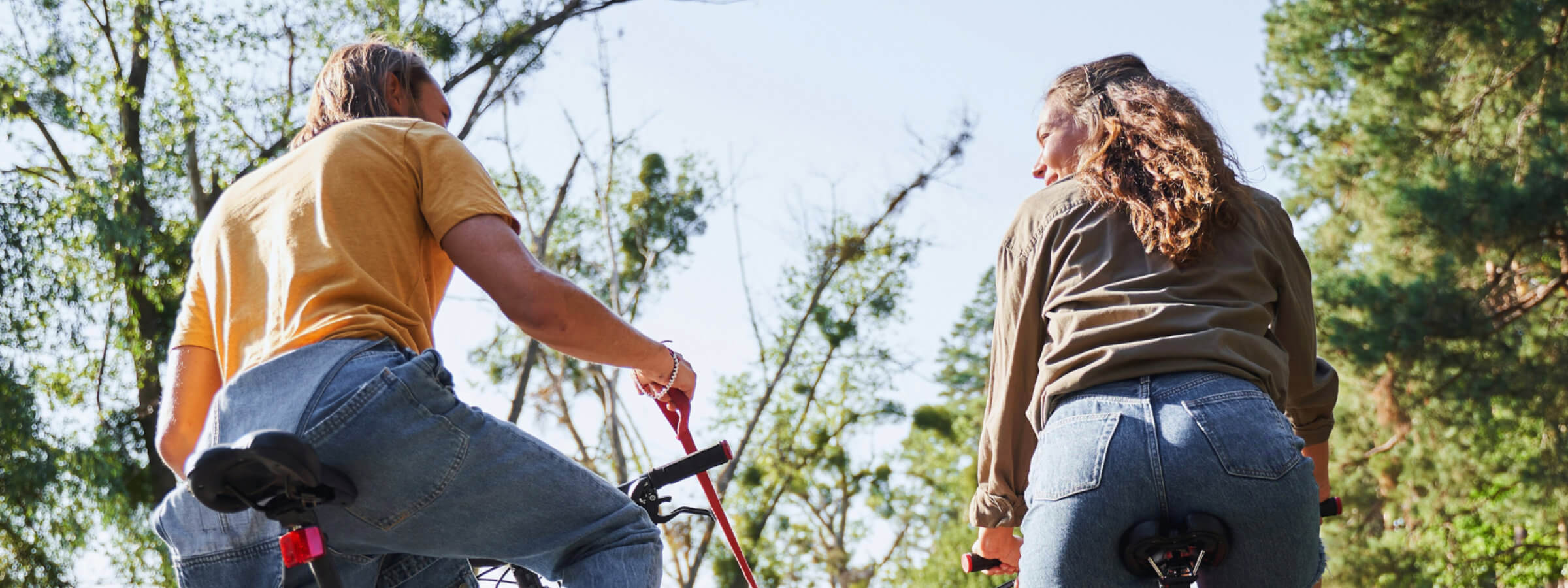 Two people riding bicycles outdoors, surrounded by trees and clear blue sky, viewed from behind.